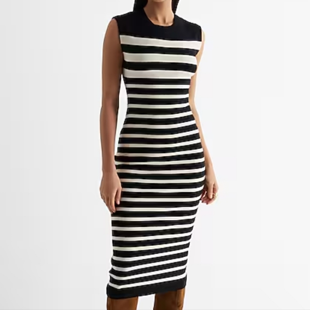 New Express Striped Crewneck Cap Sleeve Midi Sweater Dress Black/White Sz xs